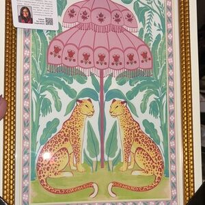 Sapna Shah unique Framed Leopard Pair Art Print with Pink Parasol